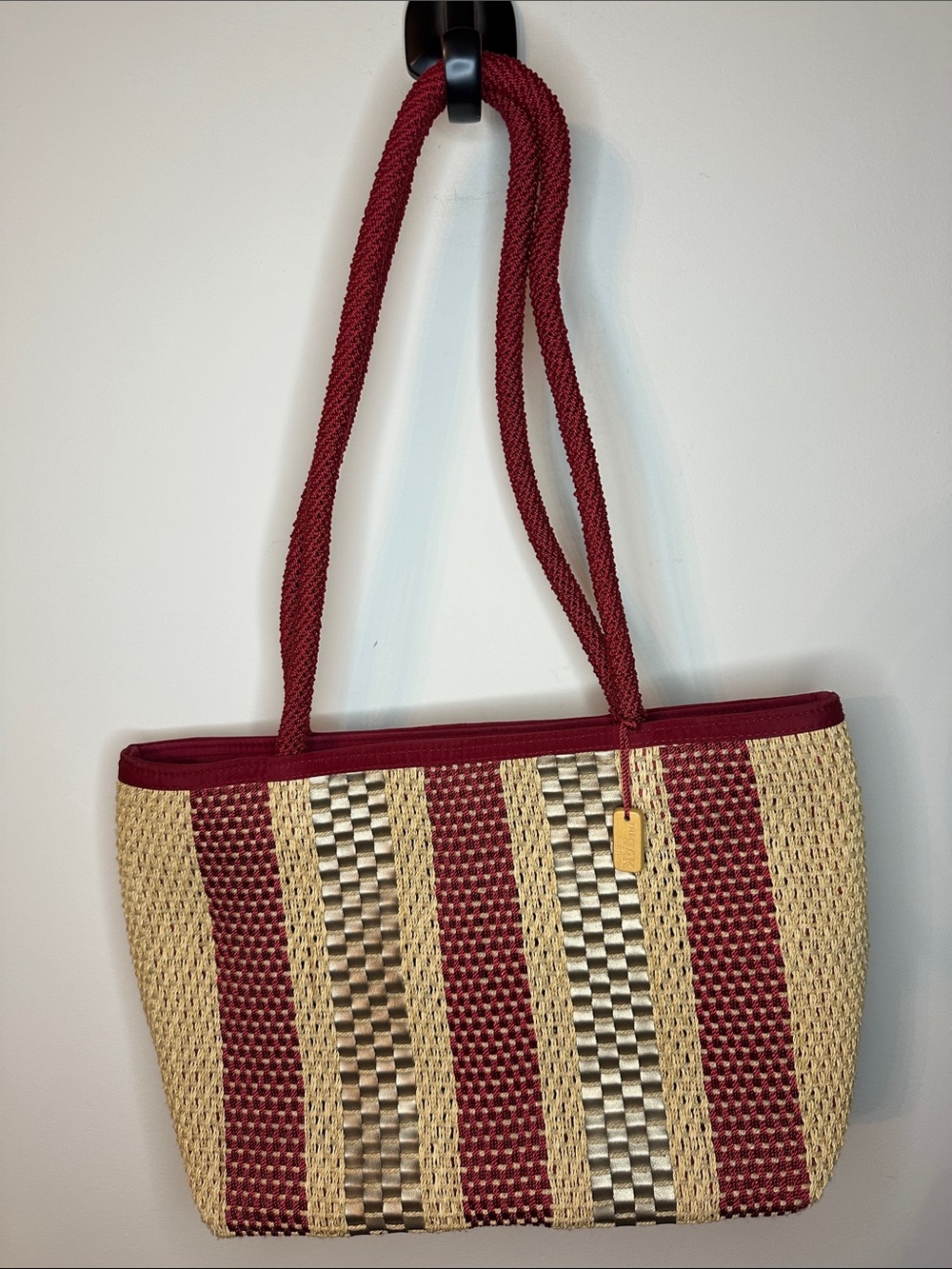 Woven Straw The Sac Tote Bag with Burgundy Straps